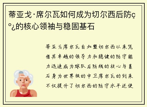 蒂亚戈·席尔瓦如何成为切尔西后防线的核心领袖与稳固基石